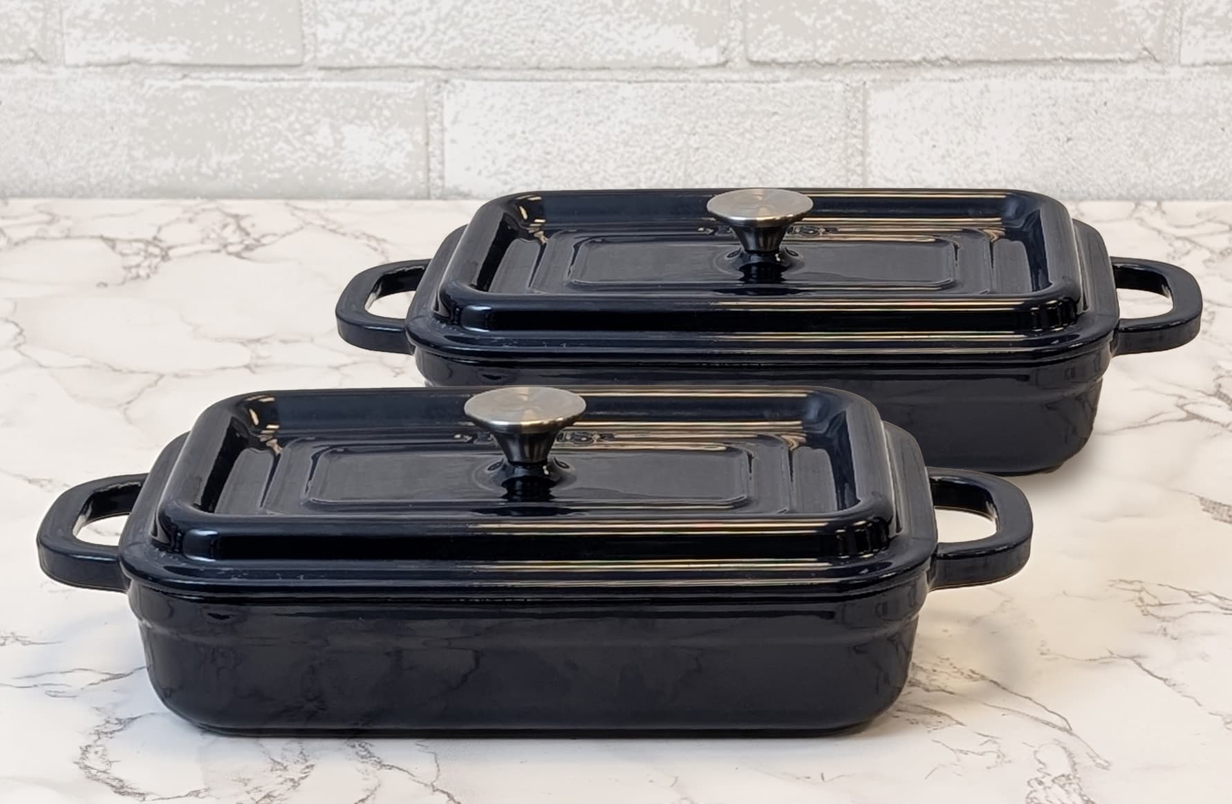 Enameled Cast Iron Covered Casserole Dishes, Navy Blue